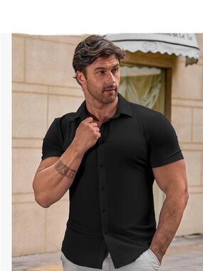 Jmierr Men's Black Short-Sleeve Button-Down muscle fit Shirt